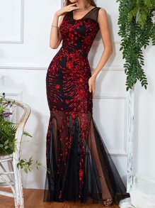 SHEIN Belle Split Thigh Contrast Sequin Mesh Prom Dress, Wedding Guest Dress - Multicolor - View 5