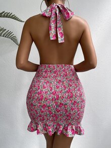 Đầm Lộ Lưng Hội Chữ thập Viên lá sen Buộc lại Dải chun Hoa Tất cả trên in Boho - Nhiều màu - Xem 2