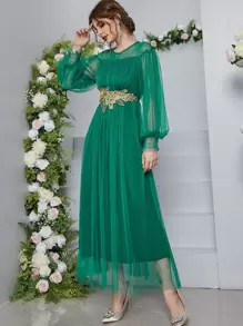 Appliques Shirred Cuff Lantern Sleeve Mesh Dress - Green - View 1
