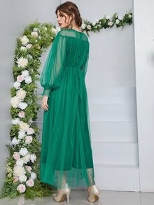 Appliques Shirred Cuff Lantern Sleeve Mesh Dress - Green - View 2
