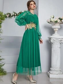 Appliques Shirred Cuff Lantern Sleeve Mesh Dress - Green - View 3
