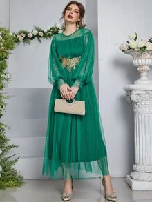 Appliques Shirred Cuff Lantern Sleeve Mesh Dress - Green - View 4