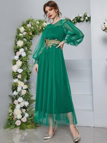 Appliques Shirred Cuff Lantern Sleeve Mesh Dress - Green - View 5