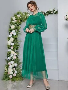 Appliques Shirred Cuff Lantern Sleeve Mesh Dress - Green - View 6