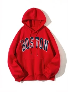 INAWLY Letter Graphic Drawstring Thermal Lined Hoodie - Red - View 1