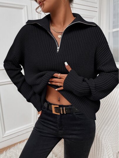 Flirla Gerippter Strick-Halbzipper Dropped-Shoulder Pullover, Langarm Strick-Oberteil für Herbst und Winter