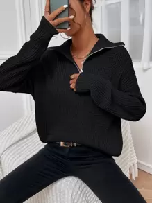 Flirla 罗纹针织半拉链落肩毛衣，长袖上衣 - 黑色 - 查看 4