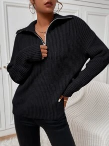 Flirla 罗纹针织半拉链落肩毛衣，长袖上衣 - 黑色 - 查看 5