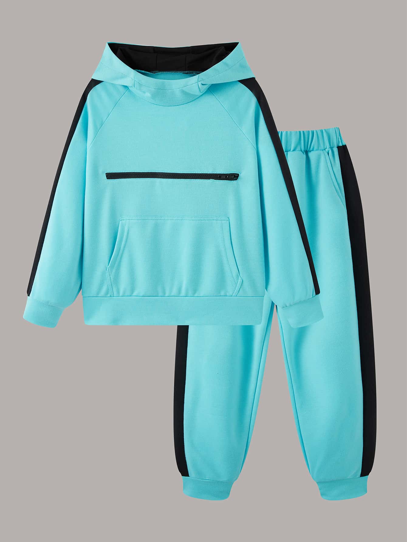 Girls Zipper Detail Raglan Sleeve Contrast Side Seam Hoodie & Sweatpants
