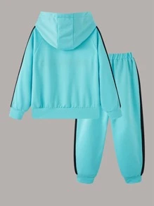 Girls Zipper Detail Raglan Sleeve Contrast Side Seam Hoodie & Sweatpants