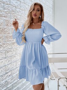 SHEIN VCAY Square Neck Shirred Bodice Flounce Sleeve Ruffle Hem Dress - Baby Blue - View 4
