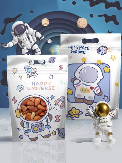 10pcs Spaceman Print Packaging Bag, Cartoon Portable Ziplock Biscuit Bag For Baking