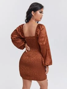 SHEIN Leopard Jacquard Lantern Sleeve Drawstring Ruched Front Bodycon Dress - Rust Brown - View 2