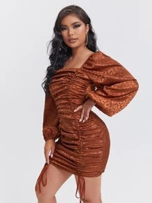 SHEIN Leopard Jacquard Lantern Sleeve Drawstring Ruched Front Bodycon Dress - Rust Brown - View 4