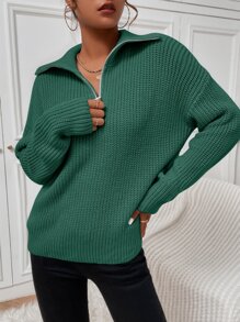 SHEIN Unity 條紋針織半拉鏈落肩袖套頭毛衣 - 綠色 - 查看 5