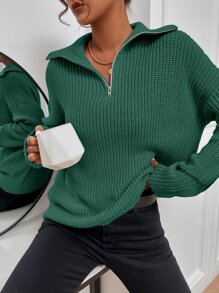 SHEIN Unity 條紋針織半拉鏈落肩袖套頭毛衣 - 綠色 - 查看 6