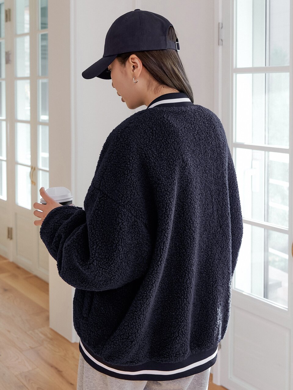 Letter Embroidery Striped Trim Drop Shoulder Teddy Bomber Jacket Winter
