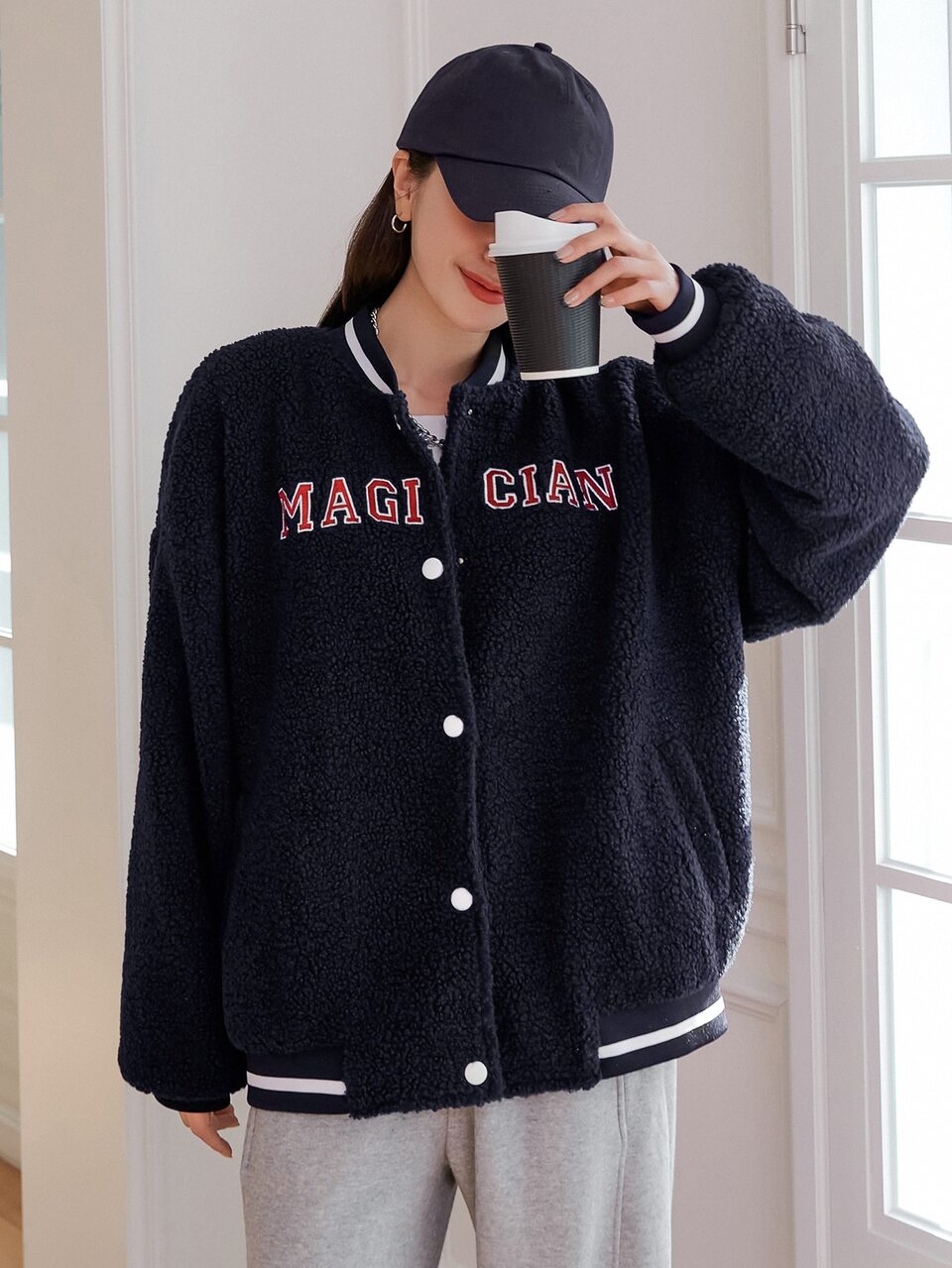 Letter Embroidery Striped Trim Drop Shoulder Teddy Bomber Jacket Winter