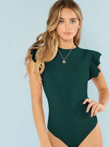 Firerie Layered Ruffle Armhole Solid Bodysuit - Dark Green - View 4