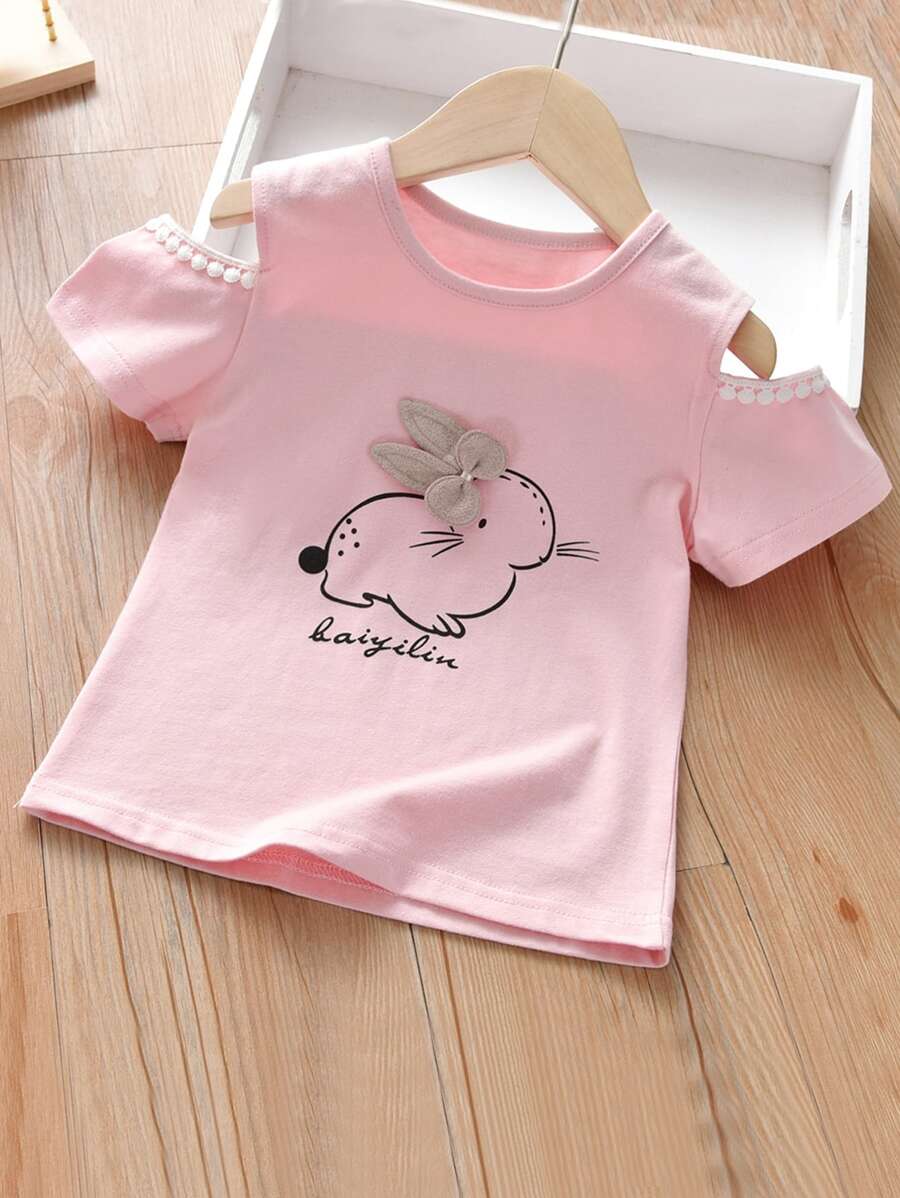 Niñitas Camiseta conejo con con estampado de letra de hombros descubiertos - Rosa Pálido - Ver 1