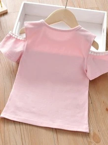 Niñitas Camiseta conejo con con estampado de letra de hombros descubiertos - Rosa Pálido - Ver 2