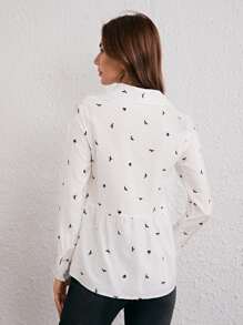 SHEIN Frenchy Bird Print Button Up Shirt Winter White - White - View 2