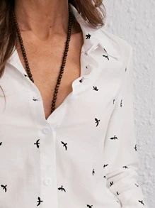 SHEIN Frenchy Bird Print Button Up Shirt Winter White - White - View 3