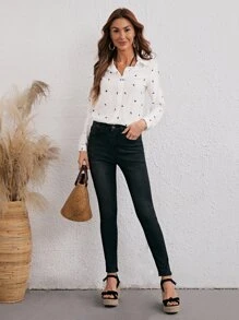 SHEIN Frenchy Bird Print Button Up Shirt Winter White - White - View 4