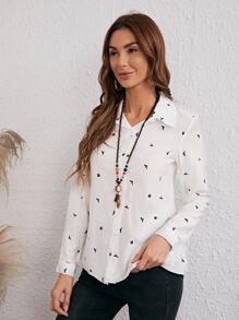 SHEIN Frenchy Bird Print Button Up Shirt Winter White - White - View 5