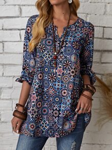 EMERY ROSE Women's All Over Print V-Neck Blouse With Notch, Elegant And Gentle Fashionable Shirt Fall Women Shirts,Long Sleeve Tops