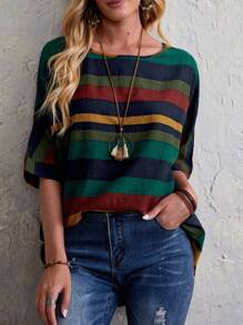 EMERY ROSE Colorblock Striped Print Batwing Sleeve Blouse