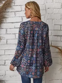 EMERY ROSE Women's All Over Print V-Neck Blouse With Notch, Elegant And Gentle Fashionable Shirt Fall Women Shirts,Long Sleeve Tops