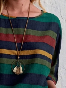 EMERY ROSE Colorblock Striped Print Batwing Sleeve Blouse