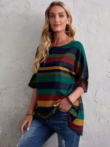EMERY ROSE Colorblock Striped Print Batwing Sleeve Blouse