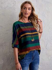 EMERY ROSE Colorblock Striped Print Batwing Sleeve Blouse