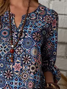 EMERY ROSE Women's All Over Print V-Neck Blouse With Notch, Elegant And Gentle Fashionable Shirt Fall Women Shirts,Long Sleeve Tops