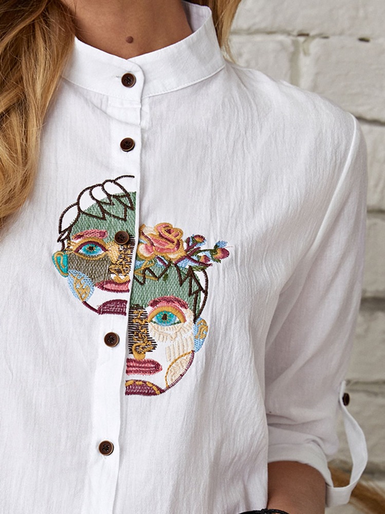 Figure Embroidery Roll Up Sleeve Blouse Fall Cloth For Women - White - View 3