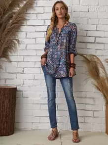 EMERY ROSE Women's All Over Print V-Neck Blouse With Notch, Elegant And Gentle Fashionable Shirt Fall Women Shirts,Long Sleeve Tops