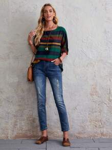 EMERY ROSE Colorblock Striped Print Batwing Sleeve Blouse
