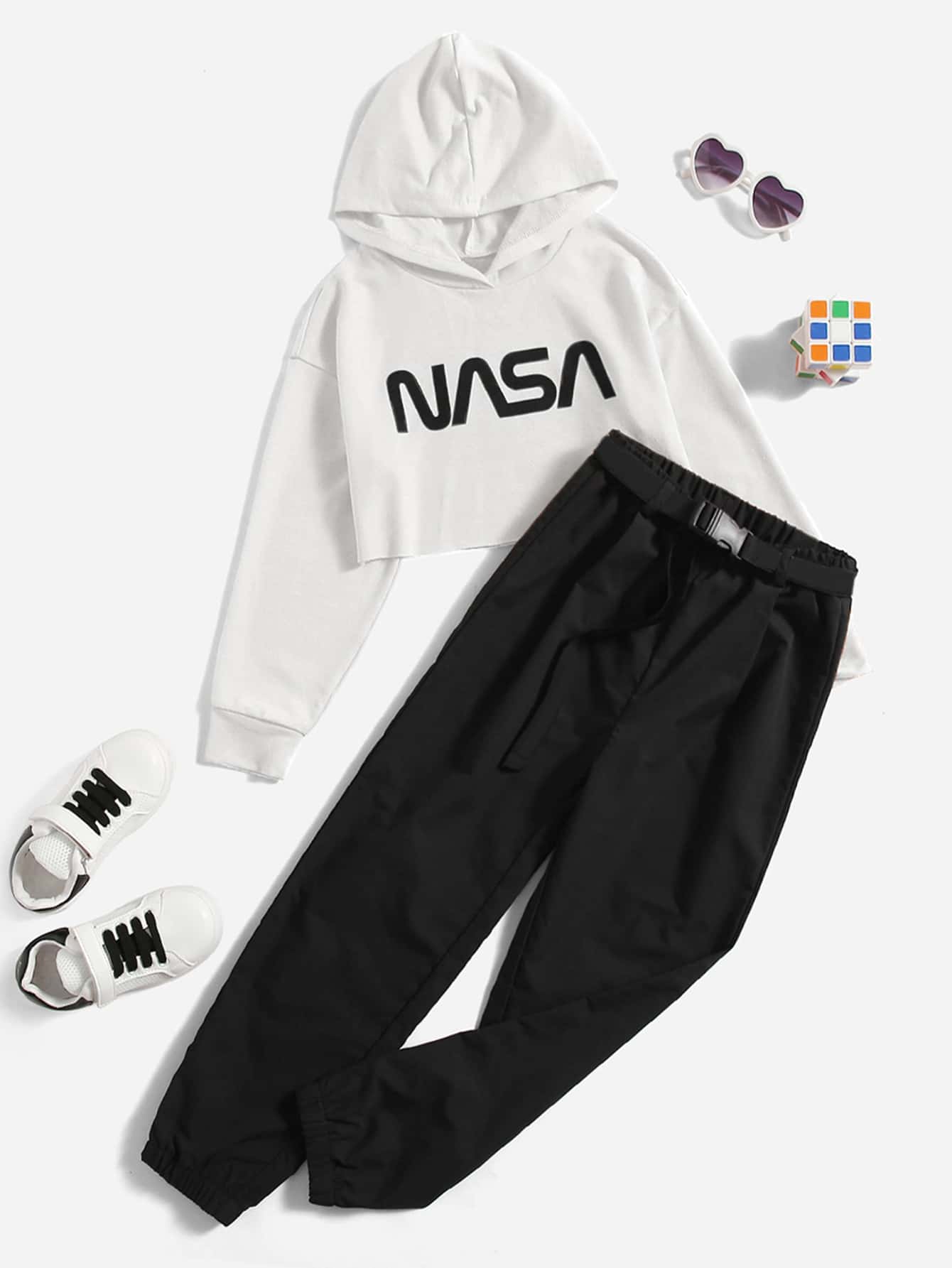 Girls Letter Graphic Hoodie & Joggers - Black and White - View 1
