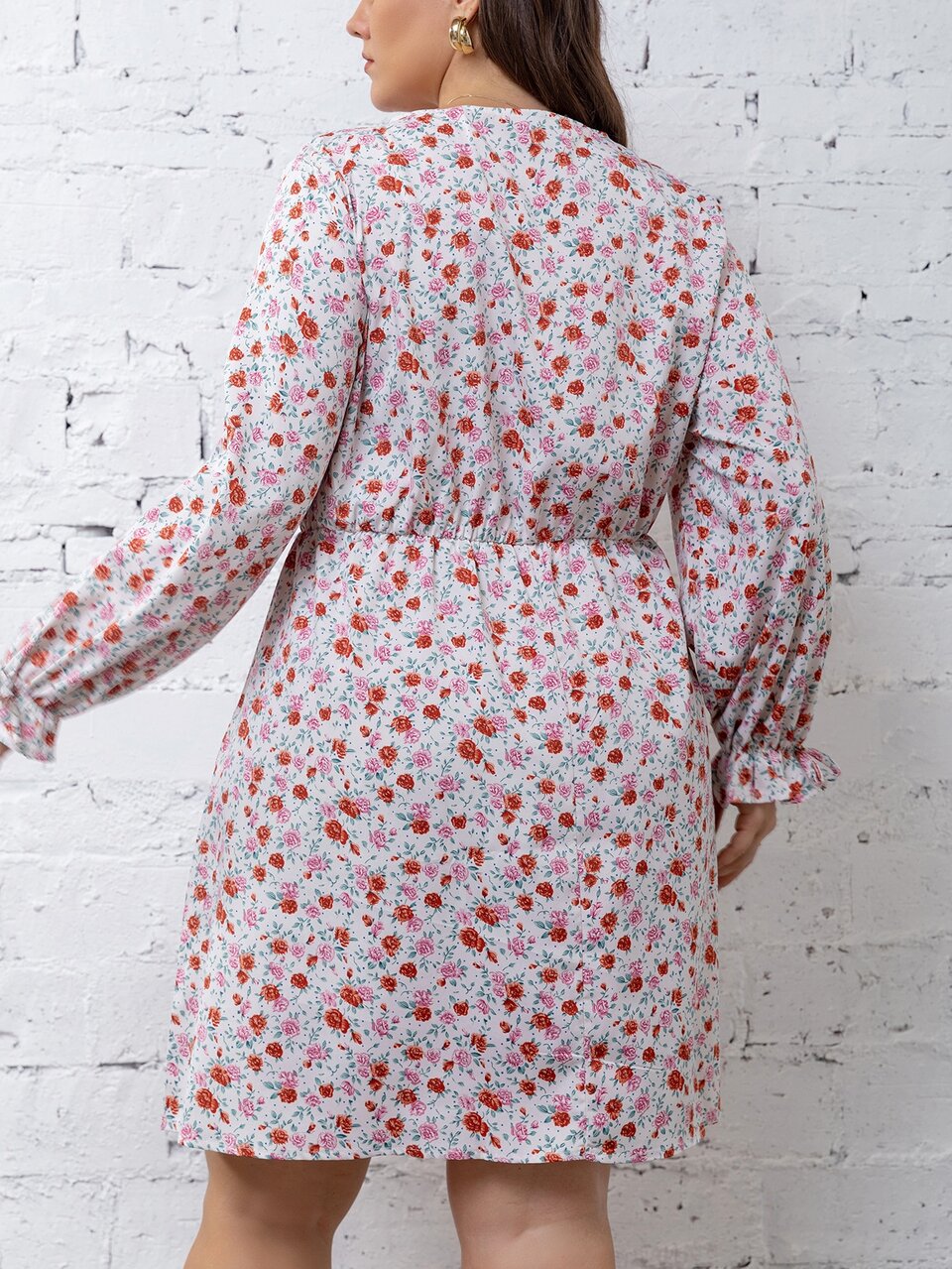 Plus Ditsy Floral Flounce Sleeve Knot Front Dress