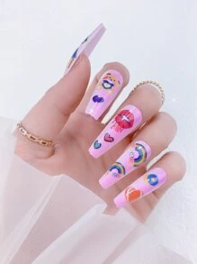 24 miếng móng tay giả hình hoạt hình và 1 miếng băng keo và 1 miếng dũa móng - Hồng - Xem 1