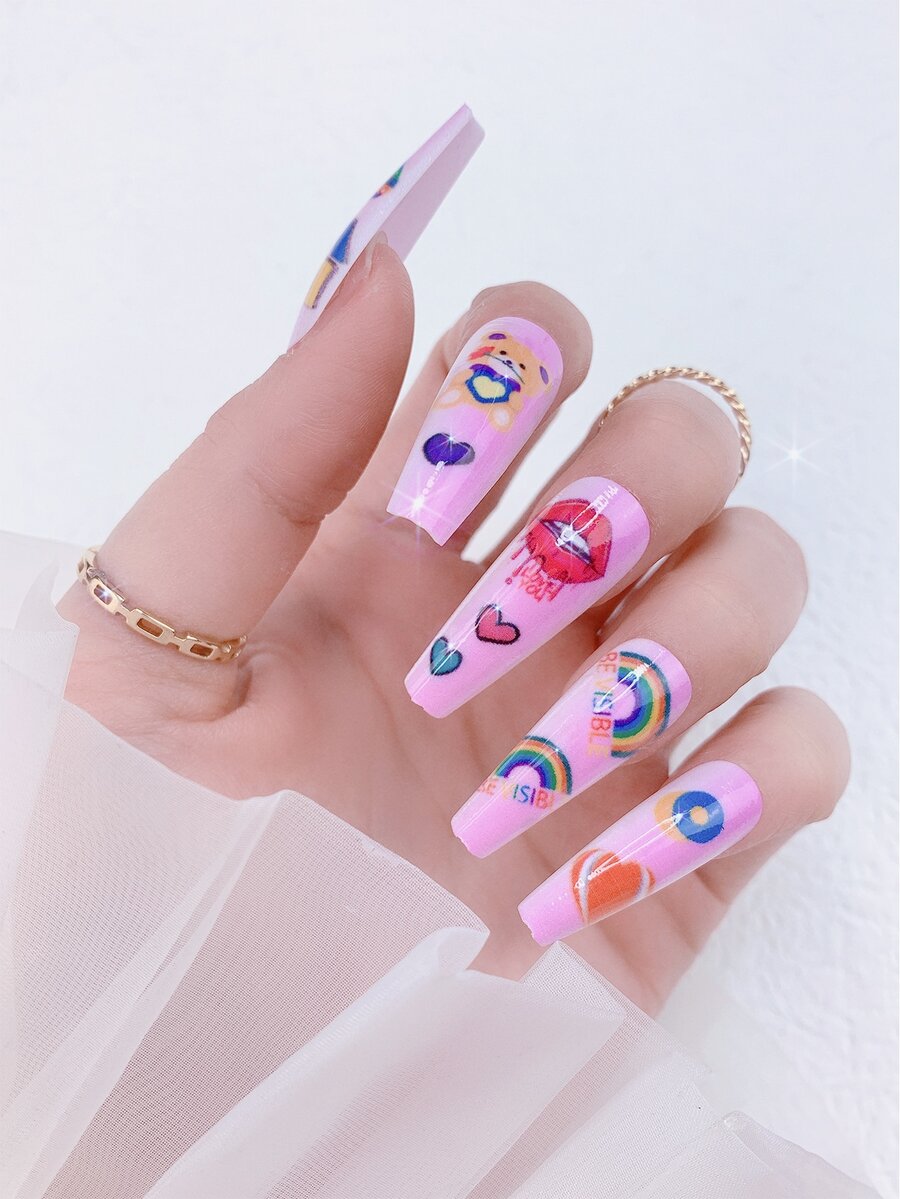 24 miếng móng tay giả hình hoạt hình và 1 miếng băng keo và 1 miếng dũa móng - Hồng - Xem 1