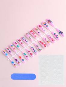 24 miếng móng tay giả hình hoạt hình và 1 miếng băng keo và 1 miếng dũa móng - Hồng - Xem 2