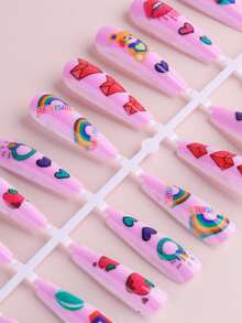 24 miếng móng tay giả hình hoạt hình và 1 miếng băng keo và 1 miếng dũa móng - Hồng - Xem 7