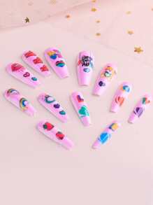 24 miếng móng tay giả hình hoạt hình và 1 miếng băng keo và 1 miếng dũa móng - Hồng - Xem 5