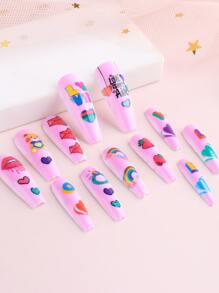 24 miếng móng tay giả hình hoạt hình và 1 miếng băng keo và 1 miếng dũa móng - Hồng - Xem 6