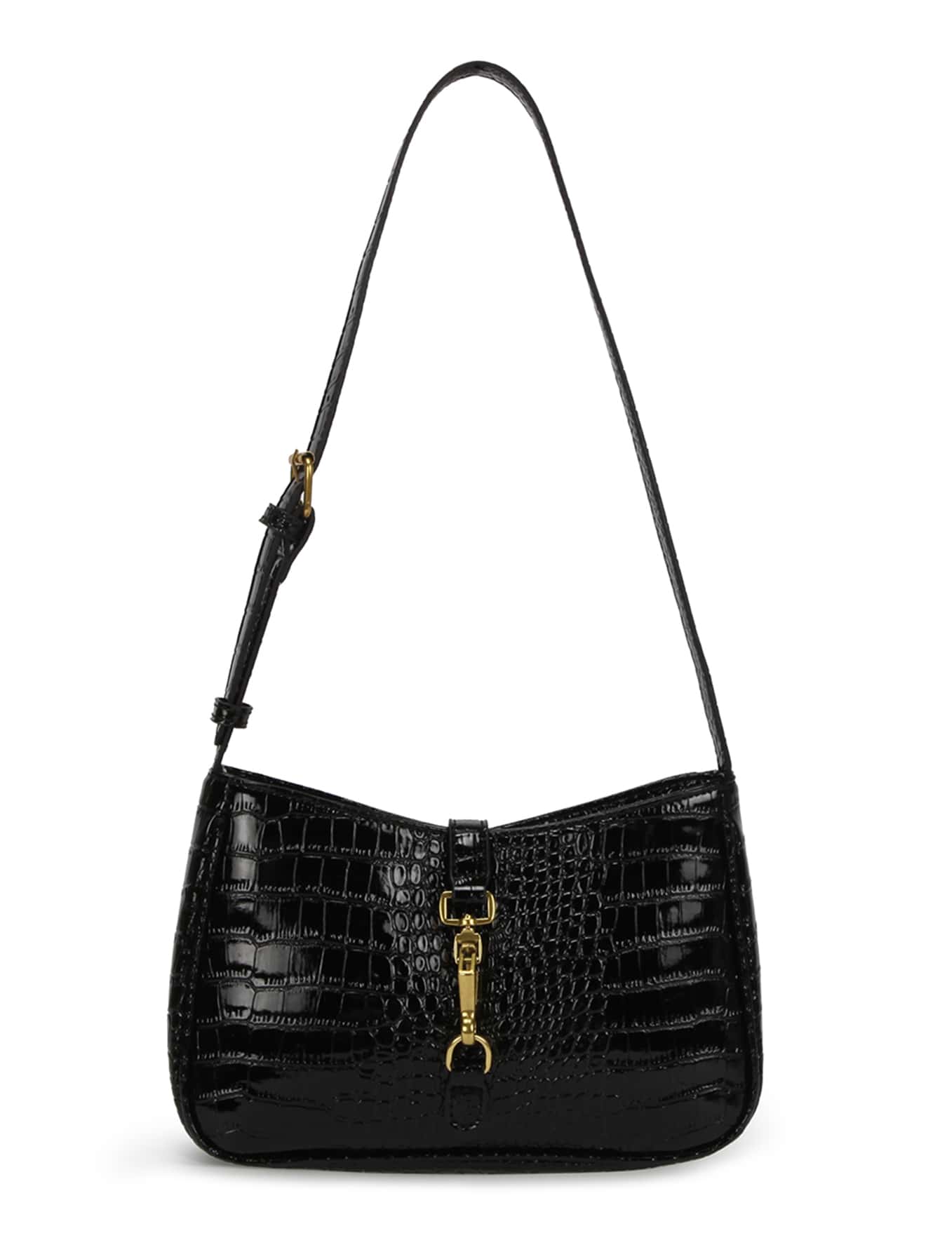 Quiet Luxury Crocodile Printed Crocodile Pattern Shoulder Bag Buckle Decor Underarm Purse Fashion Handbag For Women Horsebit Decor Crocodile Embossed Bag, Mother's Day Gift For Mom, For Women, Rookies & White-Collar Workers,For Teacher Gifts,For Lady,For Female For Business/Commute/Work/Office,For Festivals/Vacation/Holiday - Black - View 1