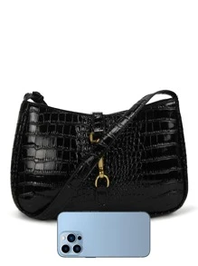 Quiet Luxury Crocodile Printed Crocodile Pattern Shoulder Bag Buckle Decor Underarm Purse Fashion Handbag For Women Horsebit Decor Crocodile Embossed Bag, Mother's Day Gift For Mom, For Women, Rookies & White-Collar Workers,For Teacher Gifts,For Lady,For Female For Business/Commute/Work/Office,For Festivals/Vacation/Holiday - Black - View 4
