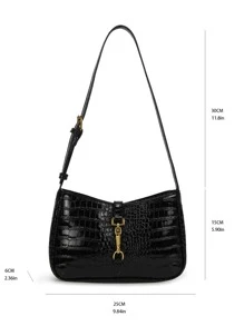 Quiet Luxury Crocodile Printed Crocodile Pattern Shoulder Bag Buckle Decor Underarm Purse Fashion Handbag For Women Horsebit Decor Crocodile Embossed Bag, Mother's Day Gift For Mom, For Women, Rookies & White-Collar Workers,For Teacher Gifts,For Lady,For Female For Business/Commute/Work/Office,For Festivals/Vacation/Holiday - Black - View 6